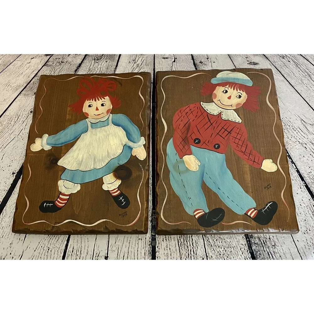 Vintage Raggedy Ann And Andy Set Of 2 Hand Painted Wall Art Wood Plaques
